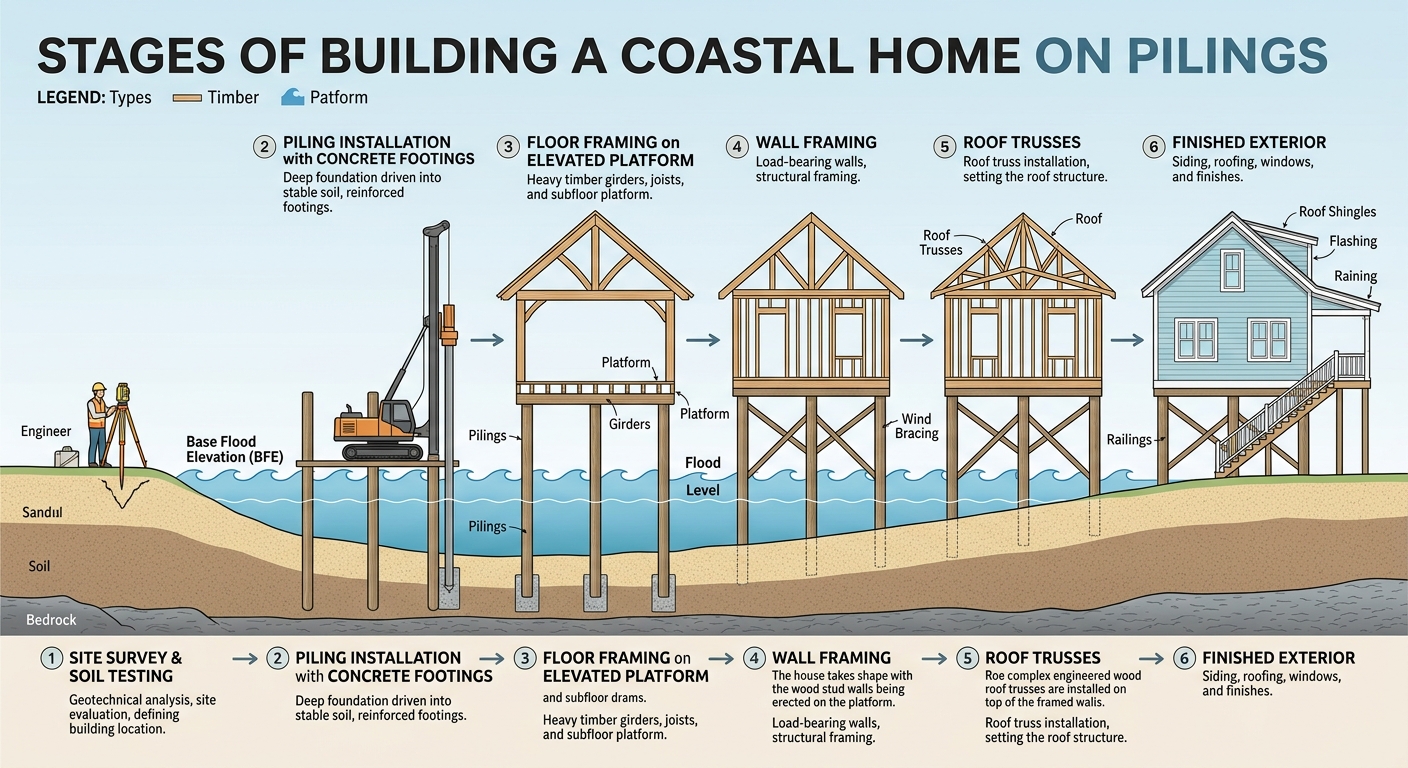 Stages of building a coastal home on pilings