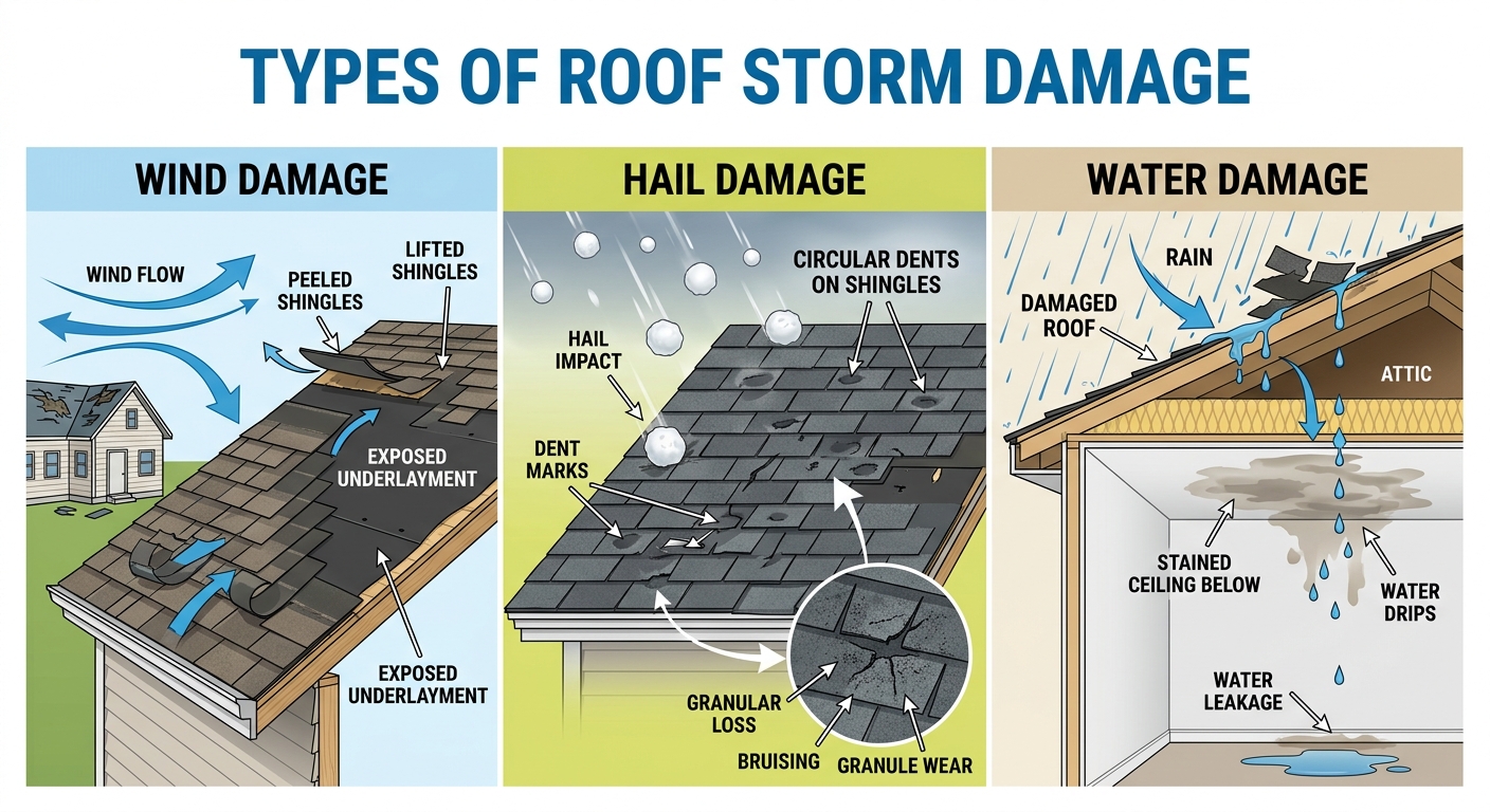 Types of roof storm damage: wind, hail, and water damage comparison